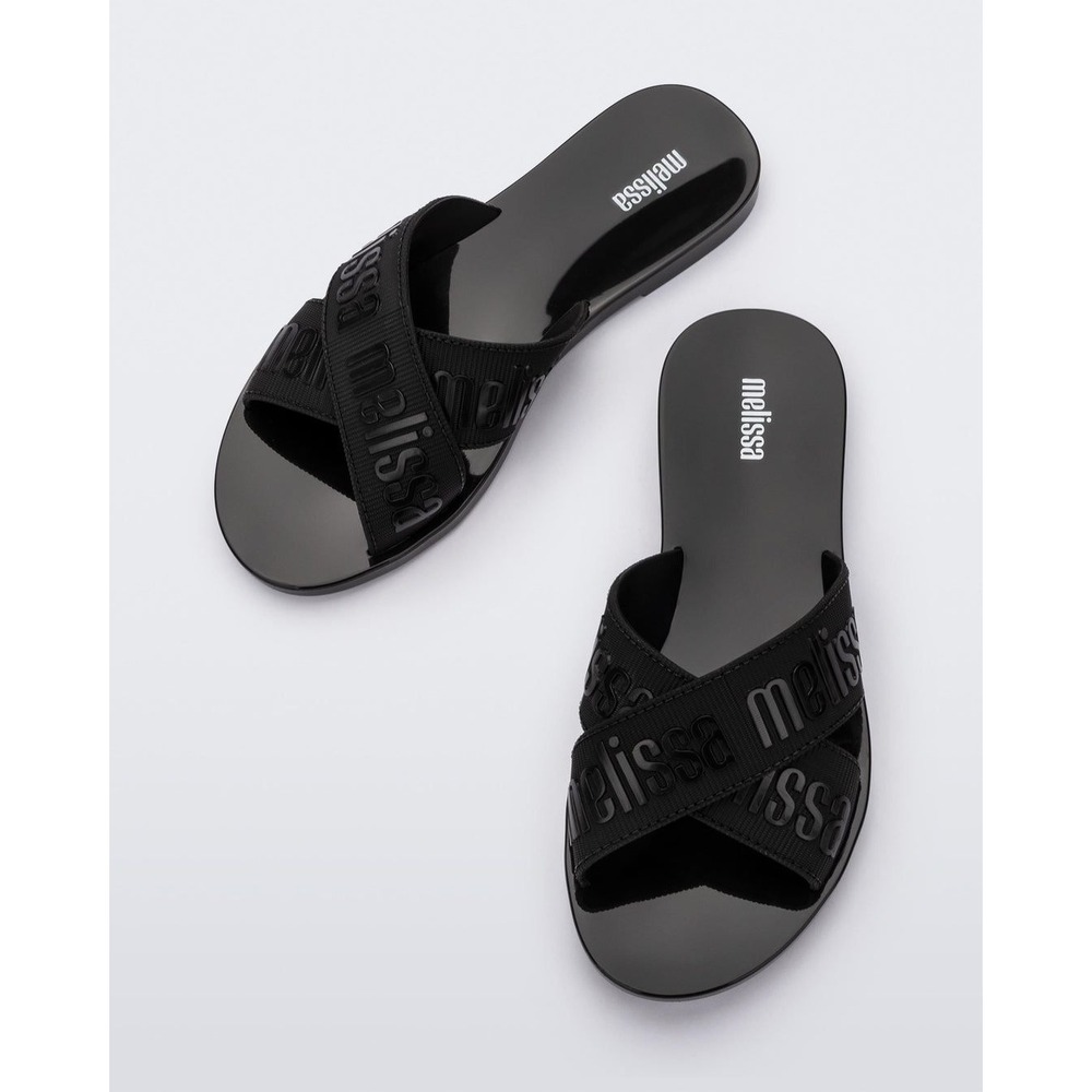 Melissa M Lover Slide Black Logo Crisscross Strap Slide Sandals Vegan Flat Sz 7